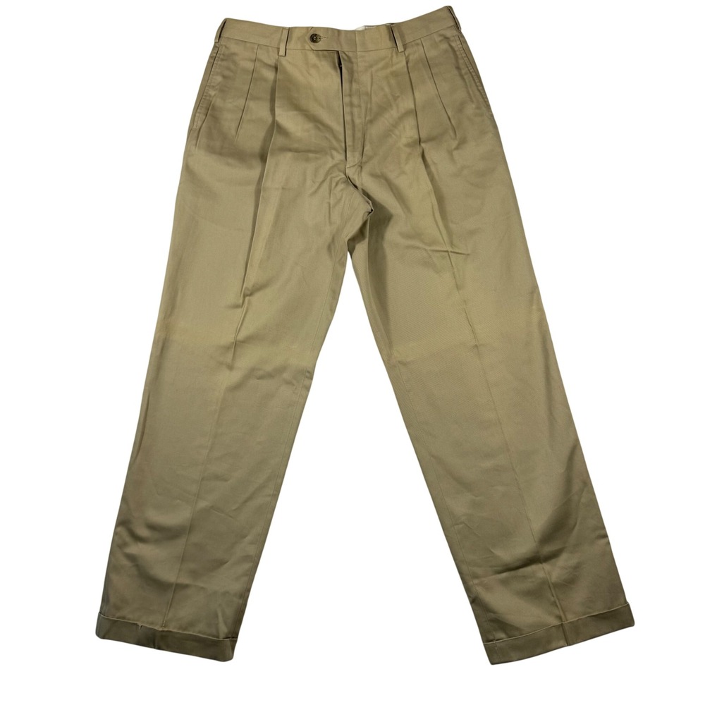 Jos. A. Bank Mens 36x32 Khaki Pleated Chino Pants Tan Cotton Cuffed Trousers